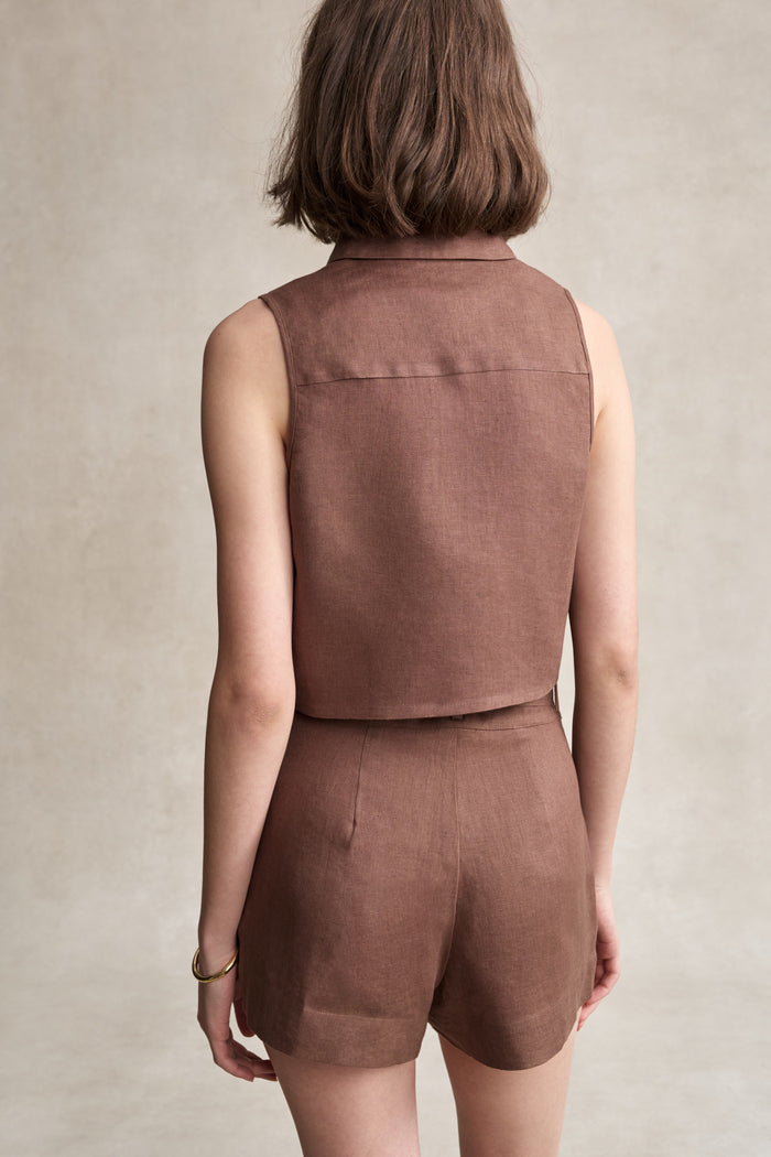 HEVRON Zinna Short Chocolate Linen Shorts for Women, studio shot