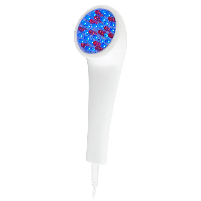White handheld LED light therapy device with red and blue lights designed for skincare treatment, known as LightStim for Acne | LightStim.