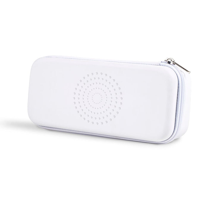 White zippered carrying case with a subtle circular pattern on the front, designed for the LightStim for Acne | LightStim skincare device.