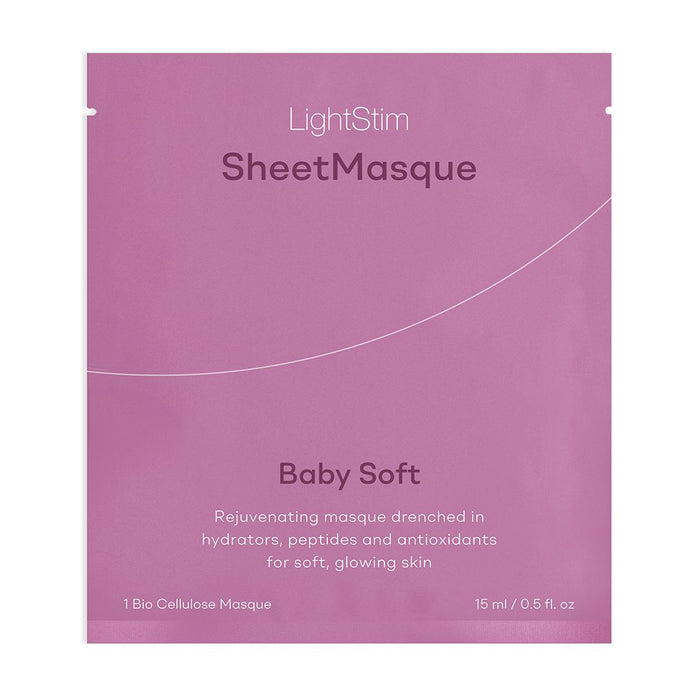 LightStim for Acne | LightStim product packaging for a Baby Soft Sheet Masque containing hydrating peptides and antioxidants for soft, glowing skin in skincare.