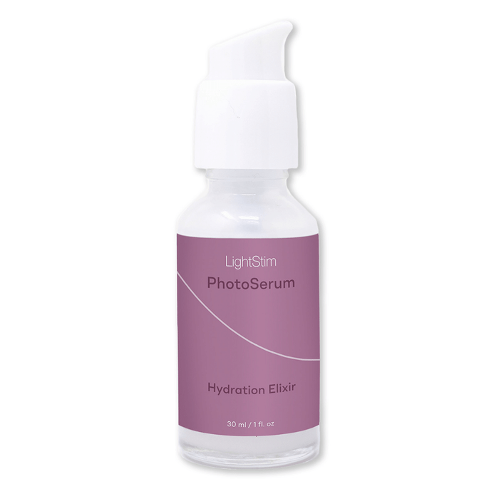 LightStim PhotoSerum | LightStim Hydration Elixir in a clear glass pump bottle with a purple label, designed for skincare and hydration benefits.