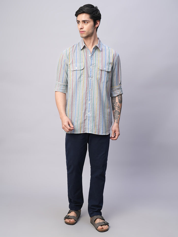 Men's 100% Cotton Regular Fit 2 Pocket Stripe Summer Shirt Blue