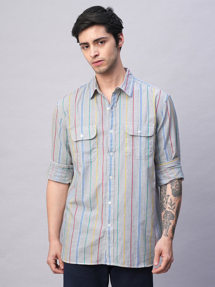 Men's 100% Cotton Regular Fit 2 Pocket Stripe Summer Shirt Blue
