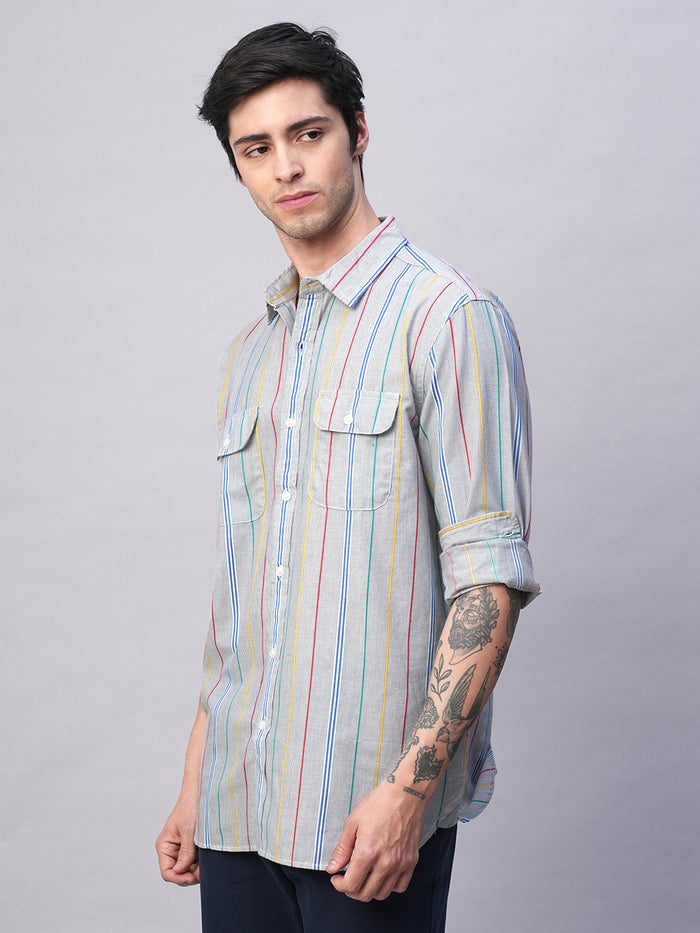 Men's 100% Cotton Regular Fit 2 Pocket Stripe Summer Shirt Blue
