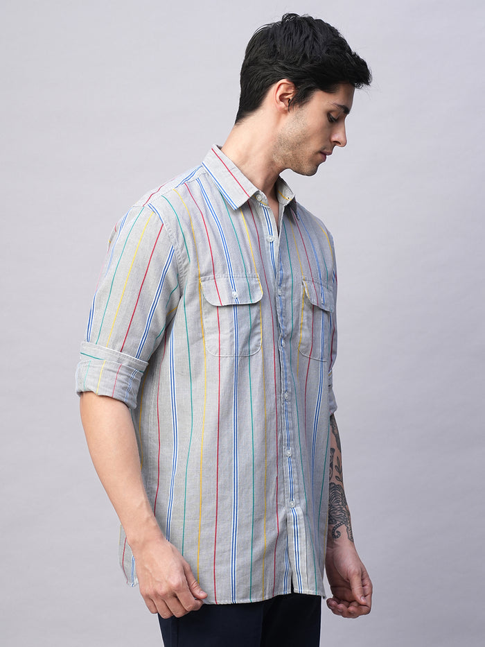 Men's 100% Cotton Regular Fit 2 Pocket Stripe Summer Shirt Blue