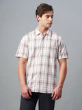 Men's 100% Cotton Regular Fit Brown Check Short Sleeve Shirt White