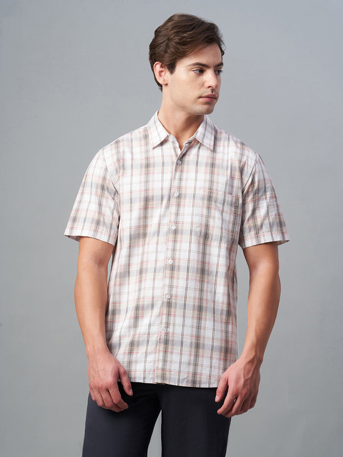 Men's 100% Cotton Regular Fit Brown Check Short Sleeve Shirt White