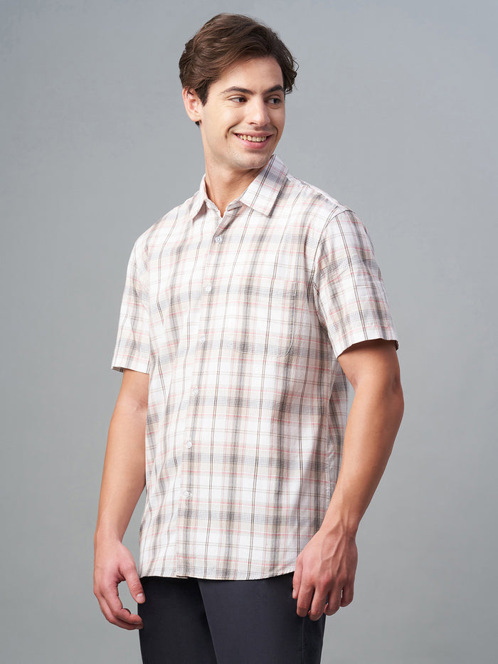 Men's 100% Cotton Regular Fit Brown Check Short Sleeve Shirt White