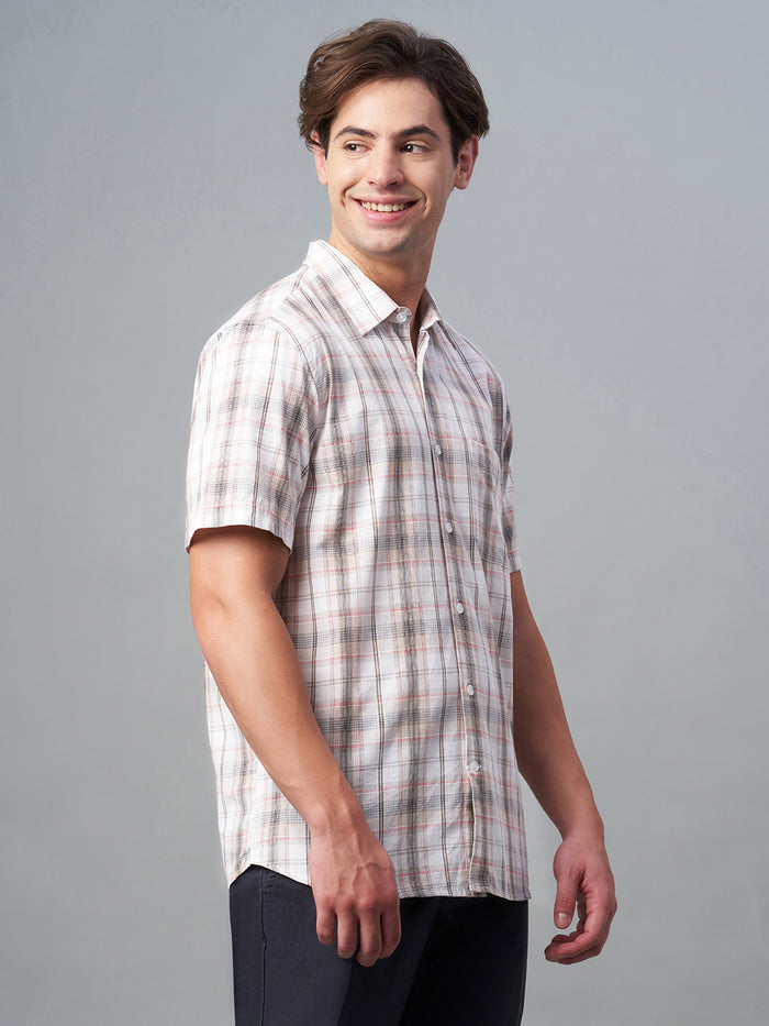 Men's 100% Cotton Regular Fit Brown Check Short Sleeve Shirt White