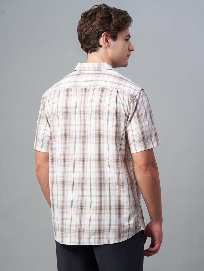 Men's 100% Cotton Regular Fit Brown Check Short Sleeve Shirt White
