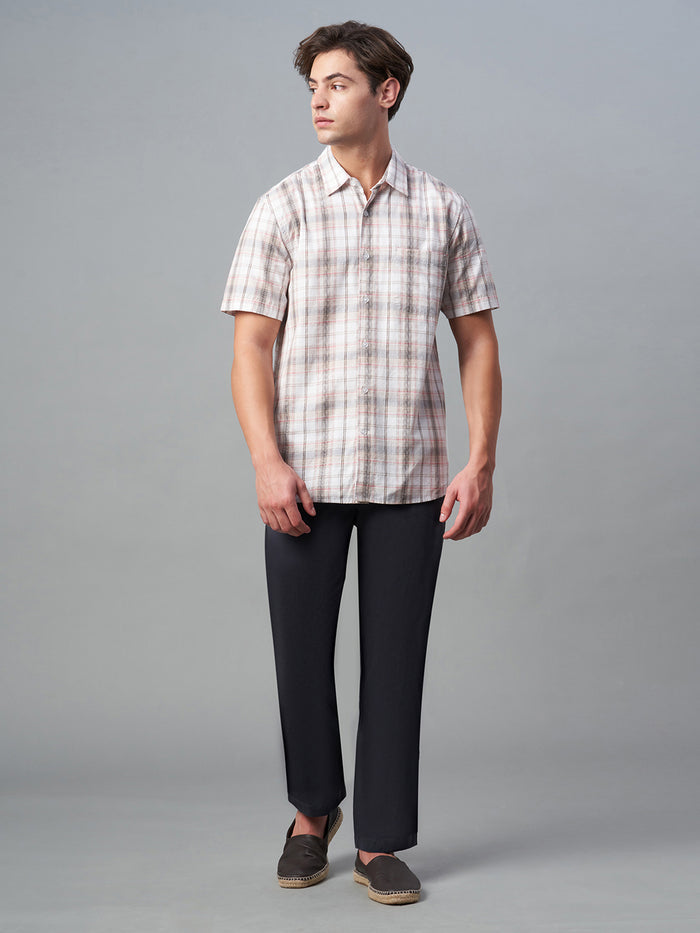 Men's 100% Cotton Regular Fit Brown Check Short Sleeve Shirt White