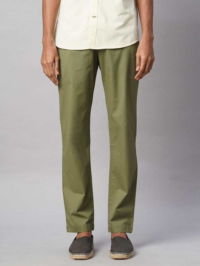 Men's Cotton Lycra Regular Fit Pant Side And Back Pockets Olive