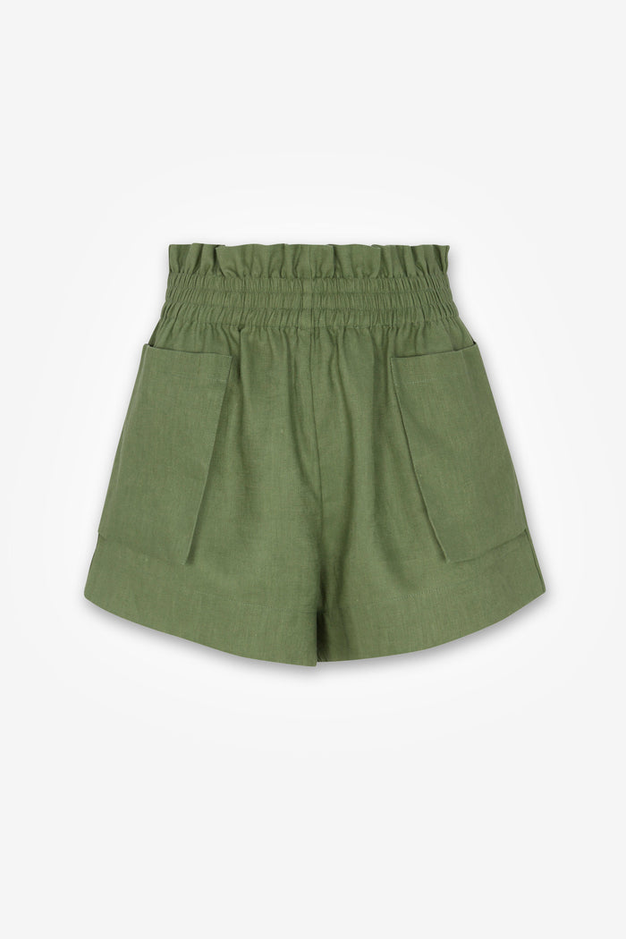 HEVRON Mira Short Sage Linen Shorts for Women, product front view