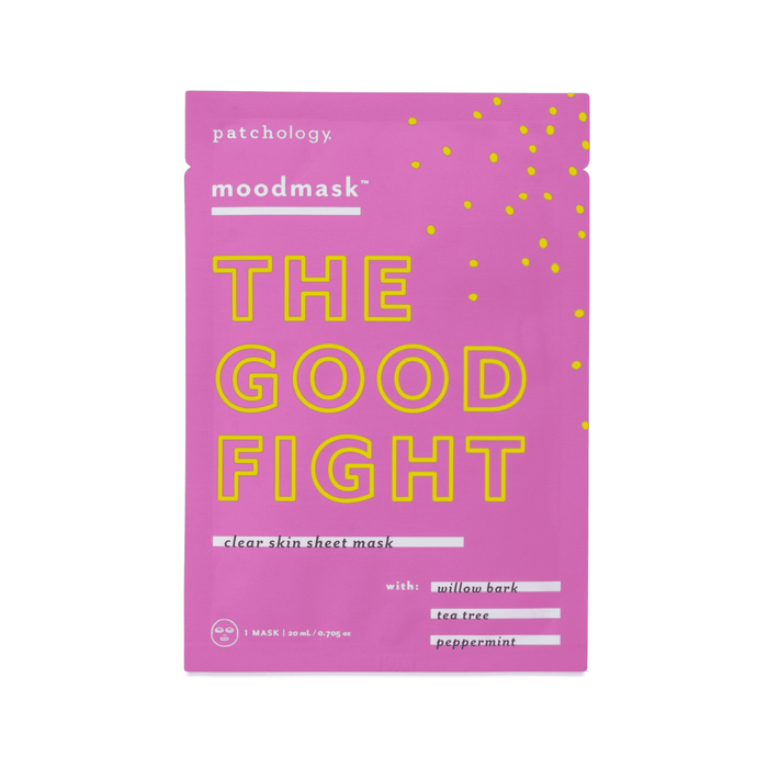 Single-use pink clear skin sheet mask packaging with yellow text titled "THE GOOD FIGHT" featuring ingredients willow bark, tea tree, and peppermint, labeled Moodmask - The good fight | Patchology.