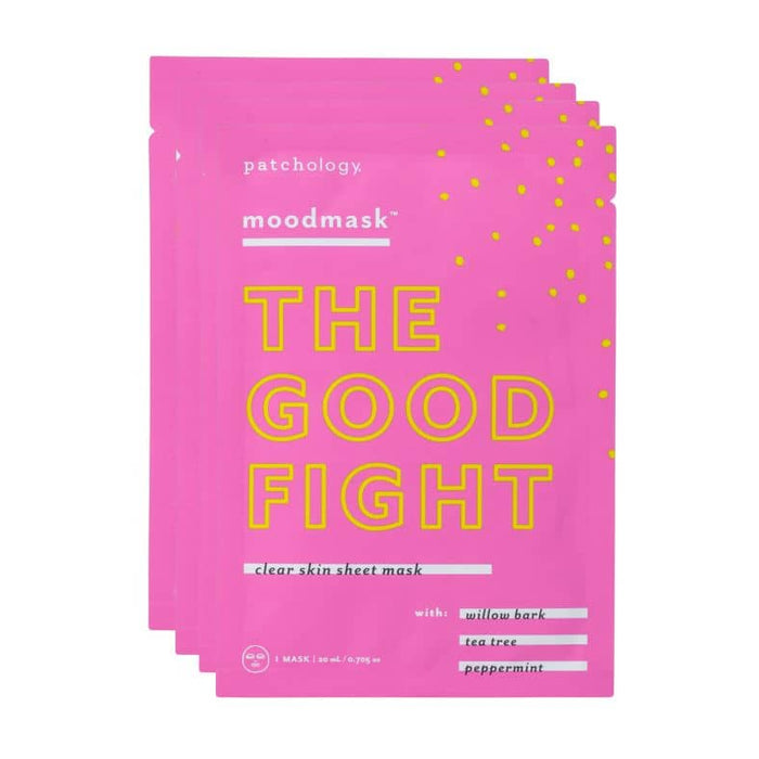 Bright pink packaging of Moodmask - The good fight | Patchology clear skin sheet masks with yellow text and ingredients including willow bark, tea tree, and peppermint for skincare and wellness.