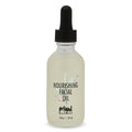 Clear glass bottle of Nourishing Facial Oil | Primal Elements with a black dropper cap, featuring simple leaf design and soft neutral tones for skincare and wellness.
