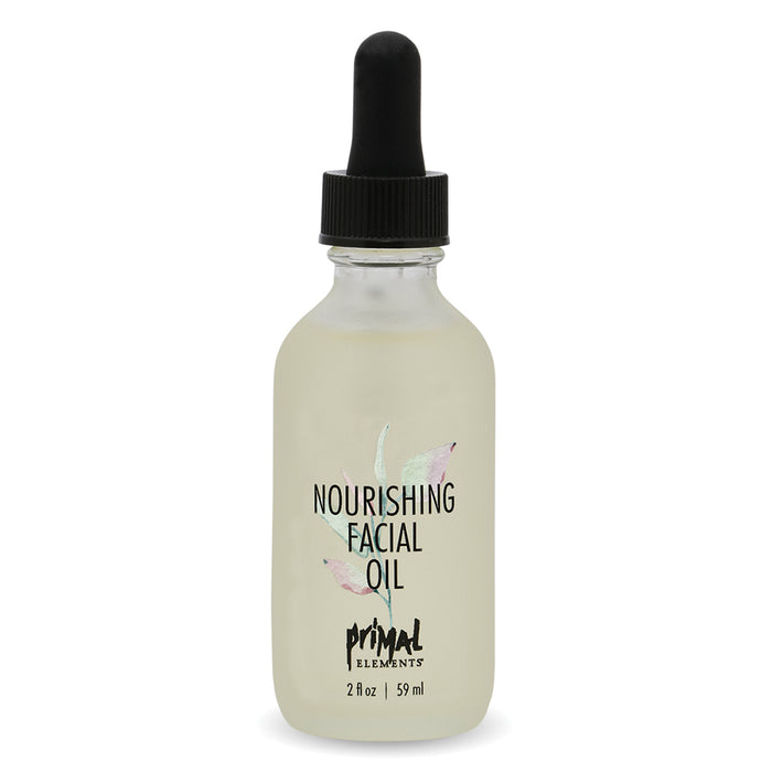 Clear glass bottle of Nourishing Facial Oil | Primal Elements with a black dropper cap, featuring simple leaf design and soft neutral tones for skincare and wellness.