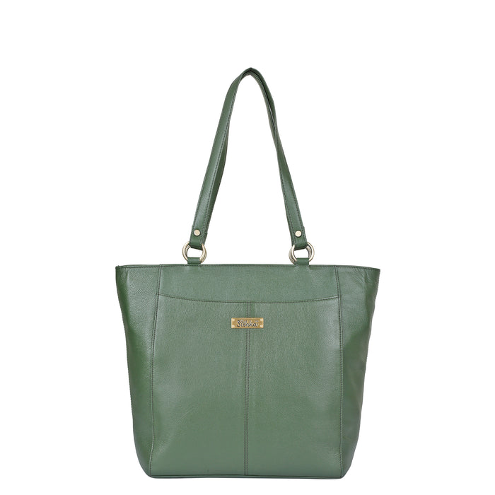 Women's olive green leather shoulder tote bag for work, travel, and daily use
