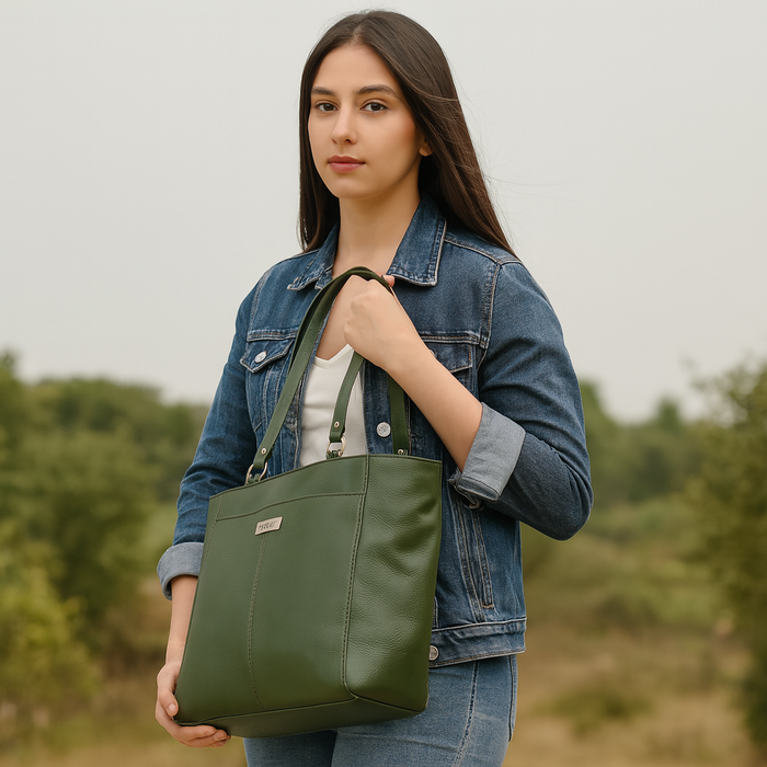 Women's olive green leather shoulder tote bag for work, travel, and daily use-model image