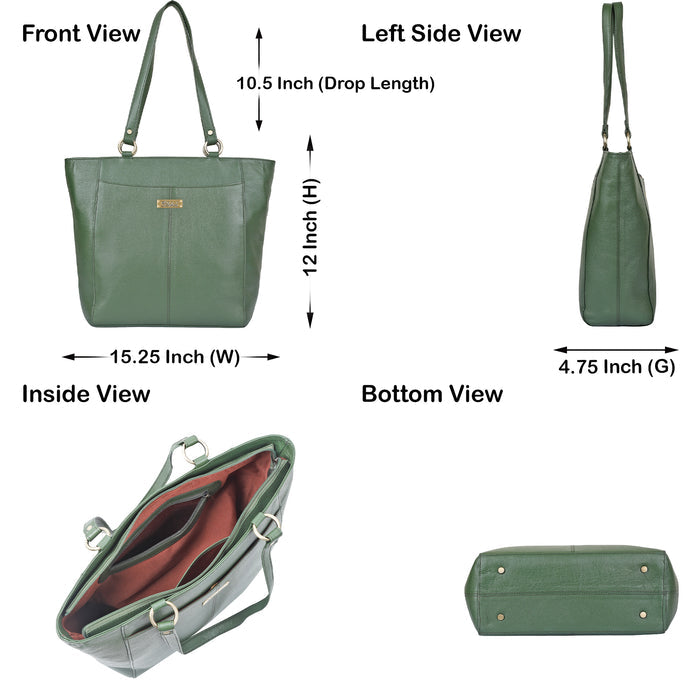 Women's olive green leather shoulder tote bag for work, travel, and daily use-infographic image