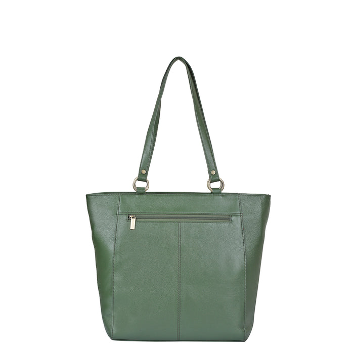 Women's olive green leather shoulder tote bag for work, travel, and daily use-back view