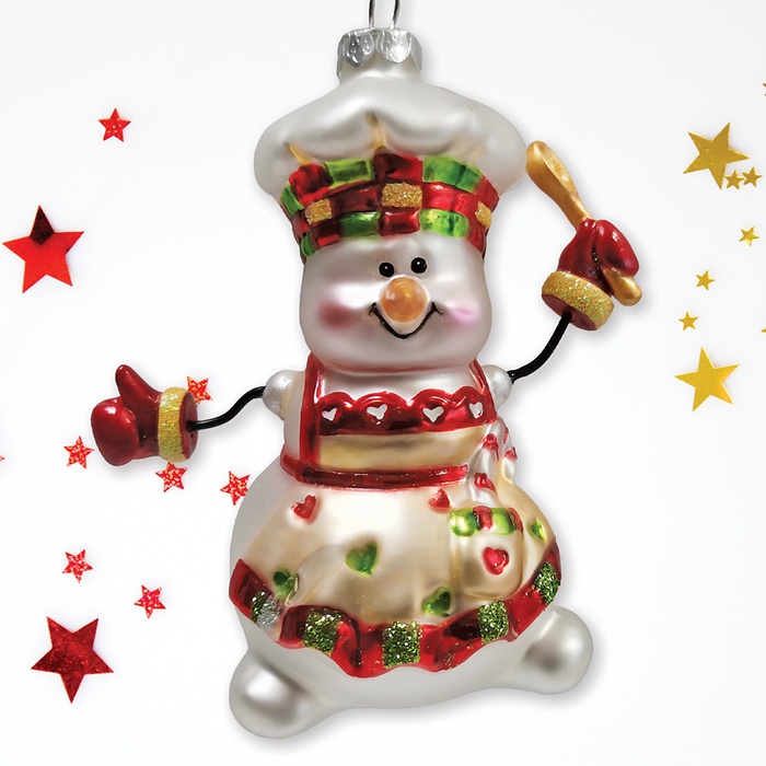 OrnamentallyYou - Cheerful Holiday Snowman Chef Glass Christmas Ornament