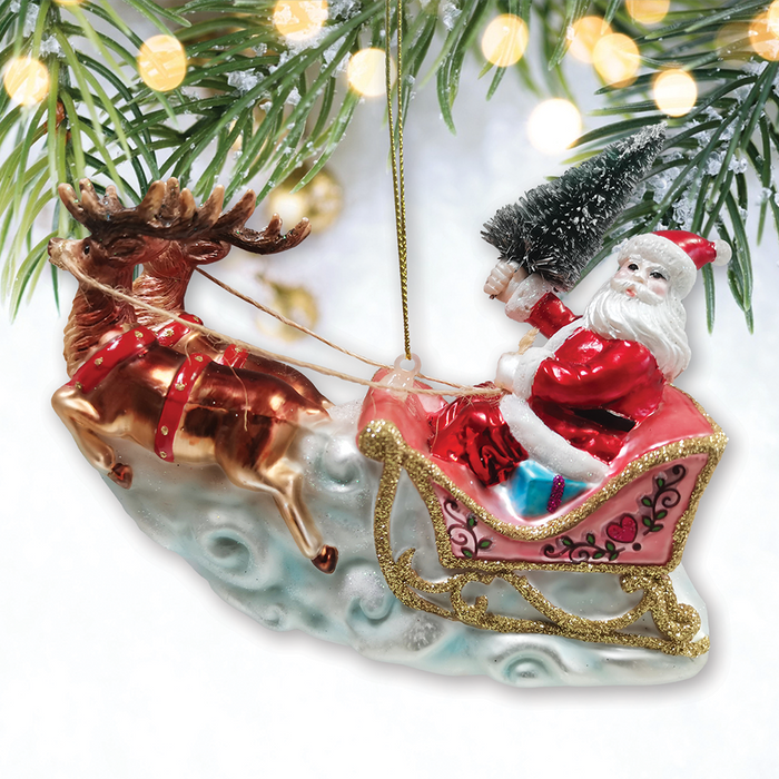 OrnamentallyYou - Santa Sleigh and Reindeer Elegant Christmas Ornament