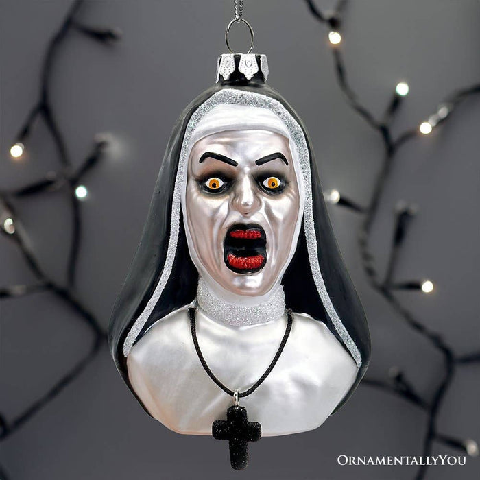 OrnamentallyYou - Spooky Decor Creepy Nun Themed Glass Ornament