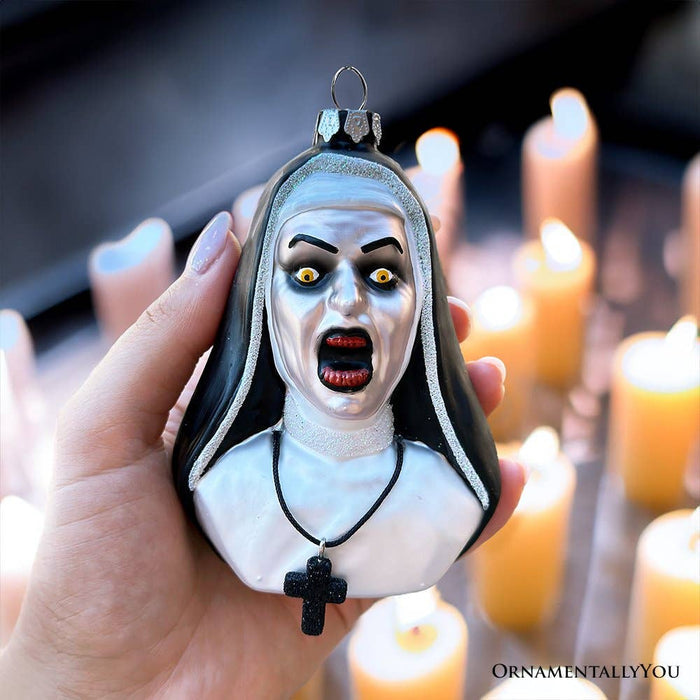 OrnamentallyYou - Spooky Decor Creepy Nun Themed Glass Ornament