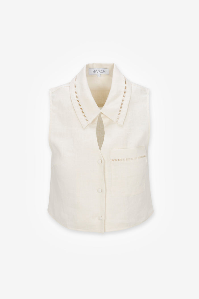 HEVRON Rosalie Linen Sleeveless Top in Ivory, product front view