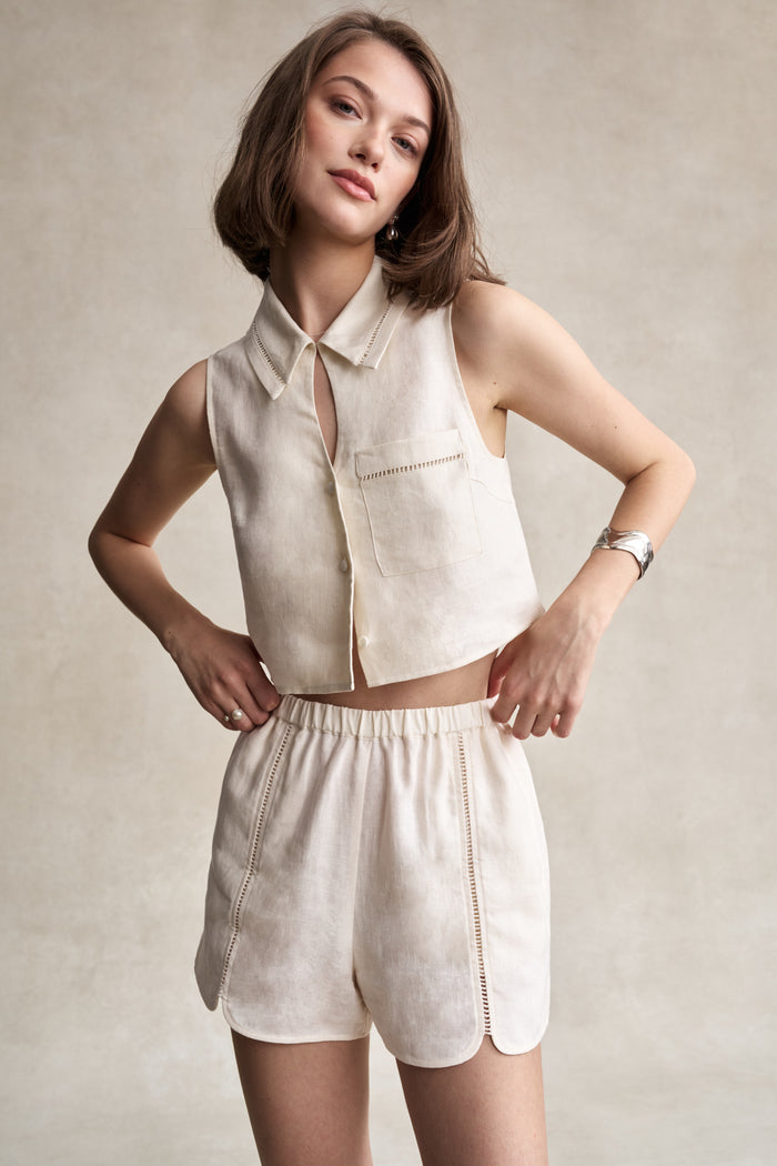 HEVRON Clover Shorts Ivory Linen Shorts, studio shot