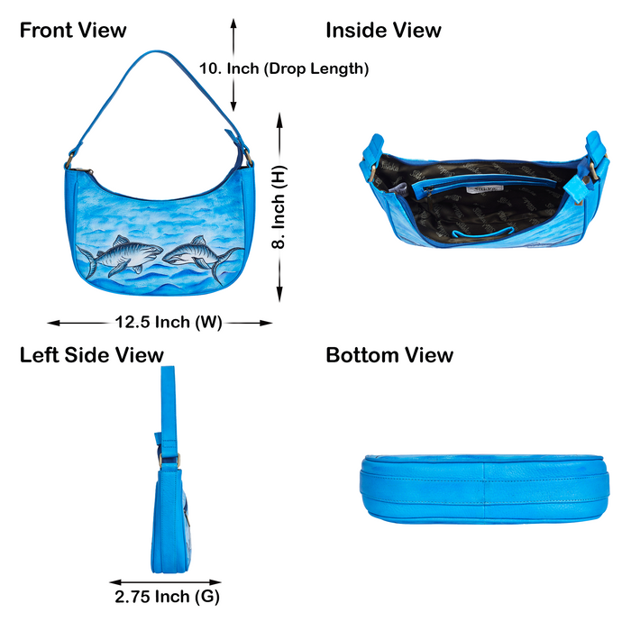 Women’s shark ocean blue shoulder hobo bag for work and daily use-infographic view