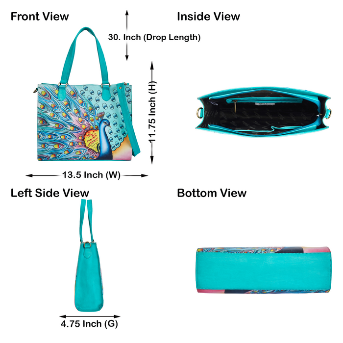 Women’s peacock art shoulder tote bag for work and daily use-infographic image