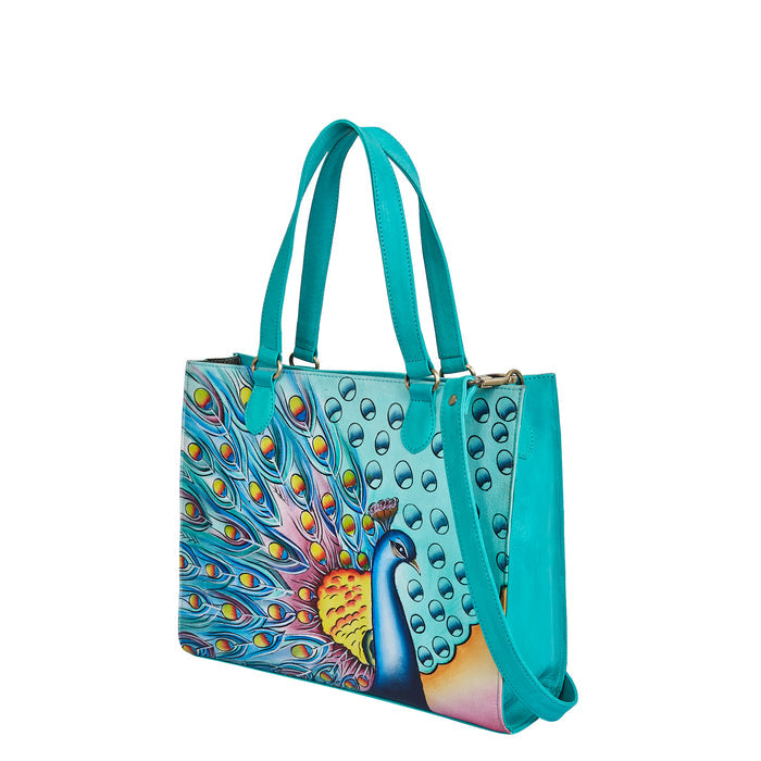 Women’s peacock art shoulder tote bag for work and daily use-half side view