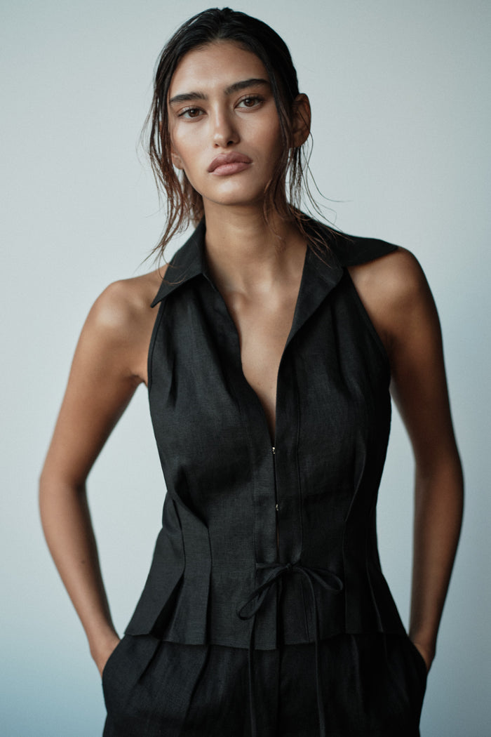 HEVRON Sloan Vest Black Linen Vest