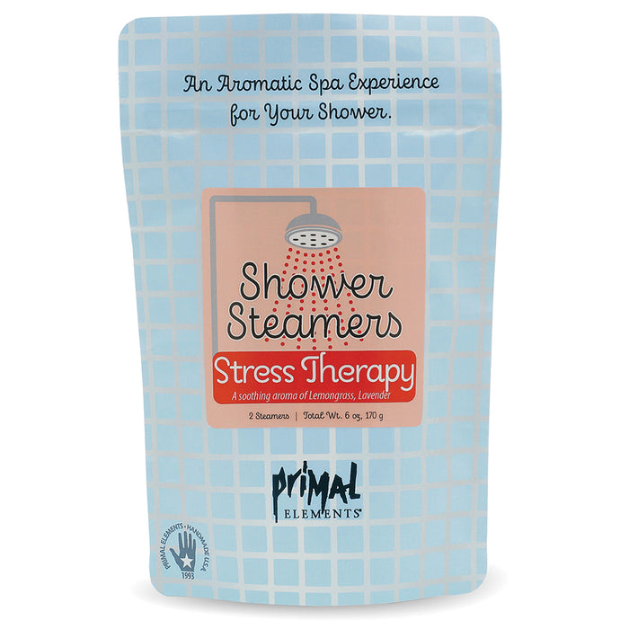 Stress Therapy Shower Steamer | Primal Elements in light blue packaging with pink and red label, promoting an aromatic spa experience with lemongrass and lavender scents for wellness and relaxation.