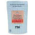 Stress Therapy Shower Steamer | Primal Elements in light blue packaging with pink and red label, promoting an aromatic spa experience with lemongrass and lavender scents for wellness and relaxation.