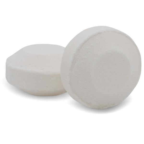 Two round white tablets designed for use in wellness supplements and body care, specifically Stress Therapy Shower Steamer | Primal Elements.