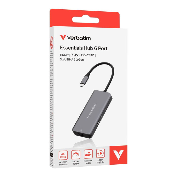 Verbatim - TYPE  C  HUB  6-IN-1  -  GREY  ( HDMI | USB-C PD | 3 x USB-A 3.2 Gen1 | RJ45 )