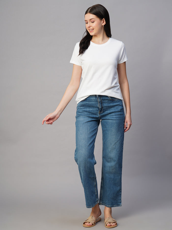 Women's 100% Cotton Regular Fit Basic Round Neck T Shirt White