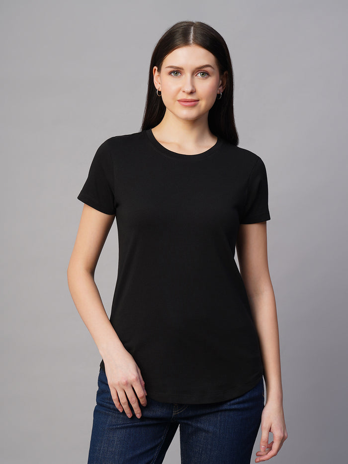 Women's 100% Cotton Regular Fit Fitted Crew Neck T Shirt Black