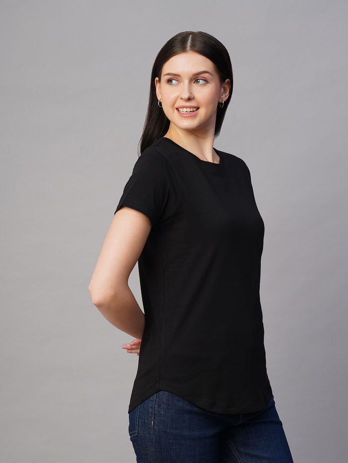 Women's 100% Cotton Regular Fit Fitted Crew Neck T Shirt Black