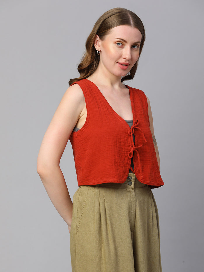 Women's Cotton Regular Fit Waistcoat Rust