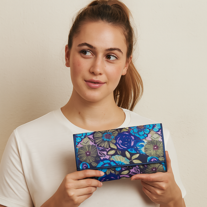 Women's floral trifold wallet and card case for travel and daily use-model image