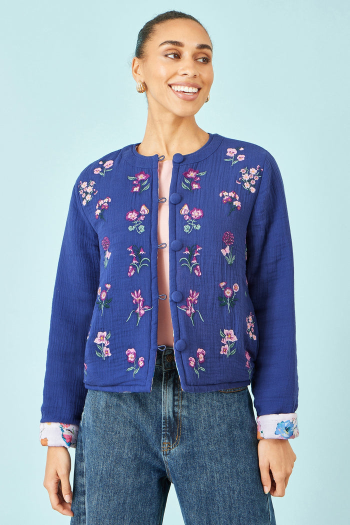 Blue Floral Embroidery Cotton Jacket - Bascora