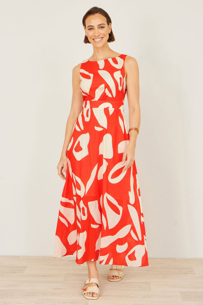 Orange Abstract Maxi Dress With Tie Back - Bascora