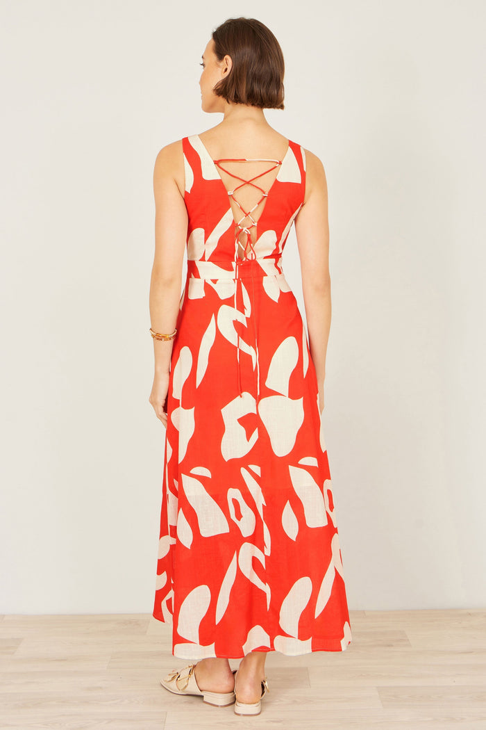 Orange Abstract Maxi Dress With Tie Back - Bascora