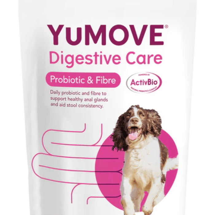 White background with a close up of a white packet with pink text of YuMove Digestive Care Probiotic & Fibre for dogs. Additional text on pack reads 'Daily probiotic and fibre to support healthy anal glands and aid stool consistency.'